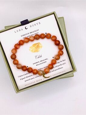 Luna Norte Orange Calcite Beaded Bracelet with Gold Crescent